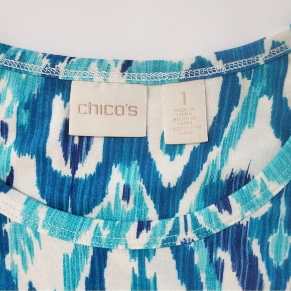 Chico's Asymmetrical Crochet Hem Ikat Tunic Size 1 Medium Blue Elbow Sleeves - Picture 2 of 8
